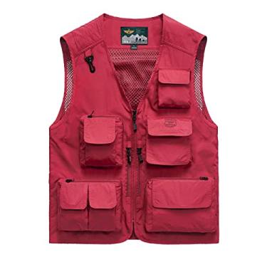 Imagem de Colete de pesca com bolsos fotografia ao ar livre jaqueta malha traseira colete utilitário de trabalho de verão jaqueta versátil, vermelho, 4GG