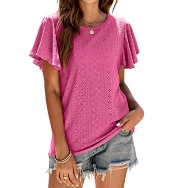 Imagem de Camiseta feminina manga com babados vazada casual top verão manga curta ajuste solto blusa tops manga redonda doce camisa, rosa vermelha, P