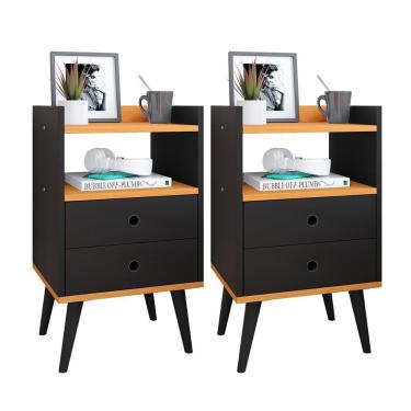 Imagem de Conjunto Mesa De Cabeceira Kit Mesinha Canto Quarto Lateral Cama 2 Gavetas Organizadoras Retrô Quarto - Dream Rpm