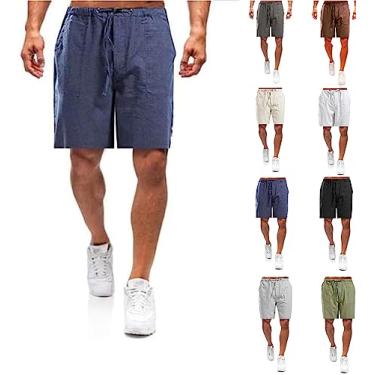 Imagem de Shorts masculinos casuais de linho, shorts masculinos casuais de linho de algodão com cordão e bolsos, shorts de praia de verão (Navy Blue,Large)