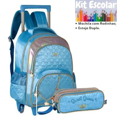 Imagem de Kit Escolar Princess Azul Mochila de Rodinha e Estojo Duplo