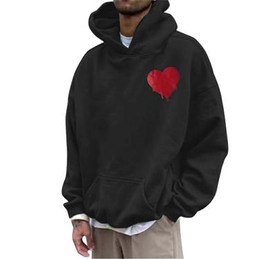 Imagem de Moletom com capuz masculino com estampa de coração amoroso suéter casual leve moletom com capuz Street Hip Hop pulôver top, Preto, Large