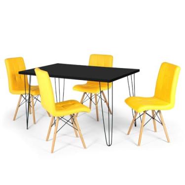 Imagem de Conjunto Mesa de Jantar Hairpin 130x80 Preta com 4 Cadeiras Eiffel Gomos - Amarelo