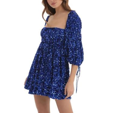 Imagem de UIFLQXX Vestido feminino solto com lantejoulas, casual, gola redonda, manga curta, cor sólida, vestido de noite, vestidos de coquetel, Azul, G