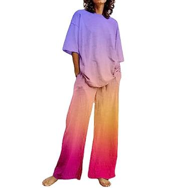 Imagem de Conjunto de 2 peças de linho de algodão para mulheres, roupas de verão, camisetas tie-dye, calças de perna larga, roupas de trabalho e negócios, Roxa, XX-Large