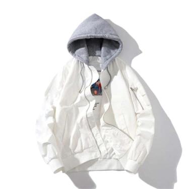 Imagem de Aoleaky Casaco masculino jaqueta corta-vento masculina outono inverno jaqueta casual mantém quente à prova de vento, Chapéu fino branco, G