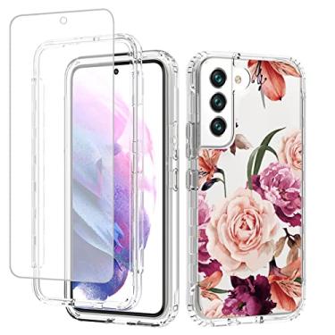 Imagem de Vavies Capa para Galaxy S22, SM-S901U com protetor de tela de vidro temperado, capa de telefone transparente flexível com design floral para Samsung Galaxy S22 5G (flor roxa)