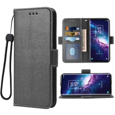 Imagem de Dswteny Compatível com TCL 20 Pro 5G capa carteira alça de pulso cordão e suporte de cartão flip de couro acessórios de celular capa para celular para TCL20Pro G5 TLC 20Pro5G mulheres homens preto