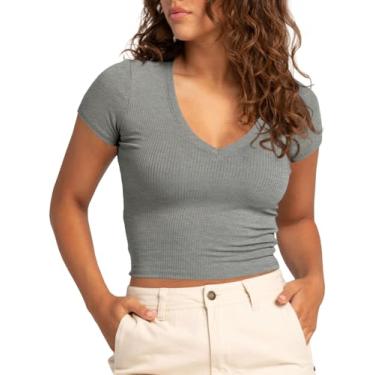 Imagem de Tankaneo Camisetas femininas de verão cropped manga curta gola V slim fit malha canelada camisetas básicas Y2k top, Cinza, P