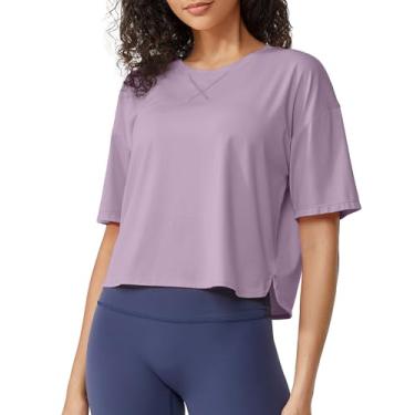 Imagem de G4Free Camisetas femininas básicas de algodão de ajuste solto de manga curta, Cinza, roxo, M