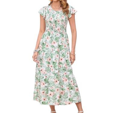 Imagem de Vestidos casuais para mulheres, vestido midi de verão franzido, gola redonda, vestido de manga curta, vestido feminino, Flor rosa folha verde (a2), GG