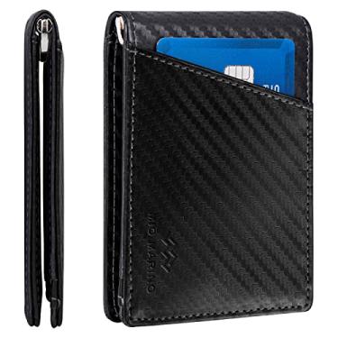 Imagem de Carteira fina de couro de designer para homens e mulheres – Carteira dobrável com bolso frontal – Bloqueio avançado de RFID/proteção contra fraude – Janela para identidade e clipe para dinheiro, Preto carbono/azul marinho, One Size, Minimalista