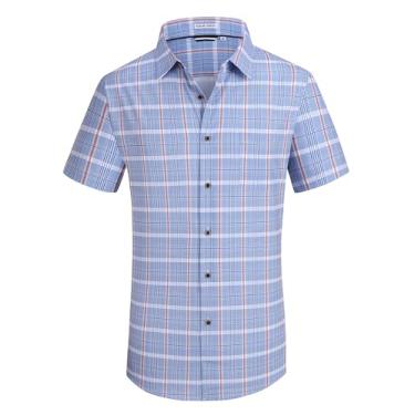 Imagem de Alex Vando Camisa masculina casual de manga curta elástica em 4 direções sem rugas, Azul/laranja, P