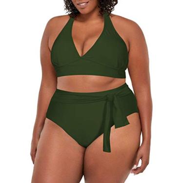 Imagem de Kisscynest Biquíni feminino plus size cintura alta frente única com nó na parte inferior, Verde militar, XXG