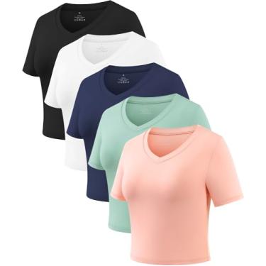 Imagem de Xelky Camiseta feminina cropped dry fit para treino, manga curta, lisa, gola V, casual, justa, Preto/branco/azul marinho/ciano/rosa, P