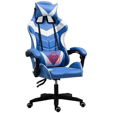 Imagem de Cadeira confortável de computador, videogame, corrida, estilo de corrida, cadeira de escritório de couro com encosto alto para jogos com encosto de cabeça e almofada lombar de massagem preto e azul