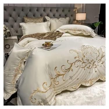 Imagem de Jogo de lençol/lençol com elástico com quatro peças de algodão de alta qualidade capa de edredom para casamento queen (branco 1,8 m cama 4 peças)