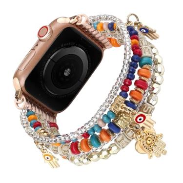 Imagem de Fivoilin Pulseira feminina com contas compatível com Apple Watch Watch séries 3, 2, 1 Ultra e 2 de 44 mm, 45 mm, 42 mm, 49 mm, séries 9, 8, 7, SE 6, 5 e 4 de 44 mm, 45 mm, 42 mm, 49 mm, série 9, 8, 7,