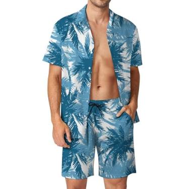 Imagem de Eisctnd Conjunto de 2 peças de camisetas e shorts vintage masculino dos anos 80 e 90 com botões de praia retrô, Azul, P