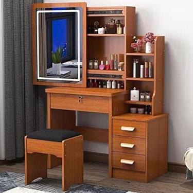 Imagem de Conjunto de mesa de toucador grande com espelho deslizante iluminado, penteadeira de maquiagem com prateleiras ocultas e banco acolchoado, conjunto de banco de mesa de toucador com 4 gavetas