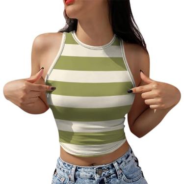 Imagem de PKDong Regata cropped feminina sexy sem mangas, listrada, patchwork, gola única, camiseta de treino, moda verão, Verde, XXG