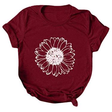 Imagem de Duobla Camisetas femininas de verão 2024 com estampa de girassol, casual, de manga curta, com estampa de flores, roupas modernas, A-2-vinho, GG