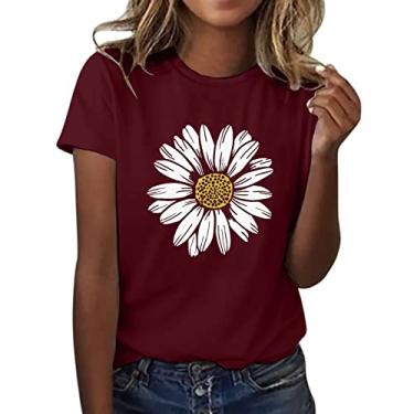 Imagem de Duobla Camiseta feminina de verão com estampa de flores fofas, soltas, gola redonda, manga curta, casual, blusa 2024 fashion, A-2-vinho, M