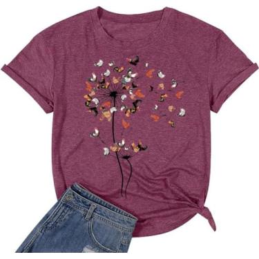 Imagem de Camisetas femininas com estampa de dente-de-leão para meninas adolescentes e amantes de flores silvestres, Frango-vinho vermelho, XXG
