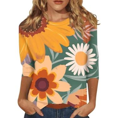 Imagem de Camisetas femininas casuais de verão 2024 com manga 3/4 de comprimento e gola redonda com estampa floral, Ofertas flash laranja, G