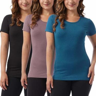 Imagem de Camiseta feminina legal 32 Degrees manga curta, gola redonda, pacote com 3, Preto/azul-petróleo/roxo Ht, GG