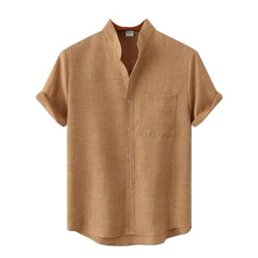 Imagem de ZMIN Camiseta masculina de verão de linho de algodão manga curta bolso frontal gola botão sólida respirável camisetas masculinas, Marrom, M