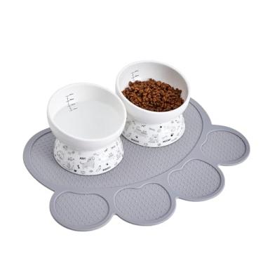 Imagem de Howise Tigela elevada de cerâmica para gatos | Tigelas elevadas para gatos para comida e água | Tigela para cães pequenos para gatos com tapete de comida de gato antiderrapante | Conjunto de 2 tigelas de água inclinadas para comida de gato (cinza)