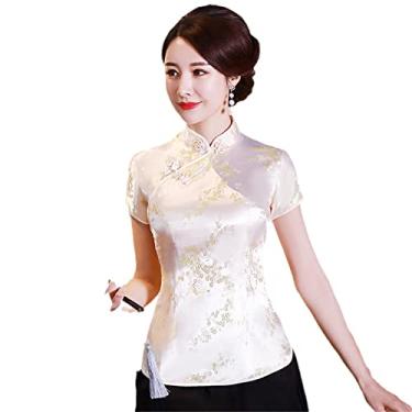 Imagem de Camiseta feminina casual verão dragão fênix chinês nacional manga curta roupa tradicional gola mandarim, Flor amarela clara, P