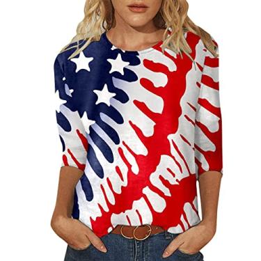 Imagem de Camisetas femininas 4Th of July Summer American Flag Memorial Day, camisetas com gola redonda, manga 3/4, listras estrelas, túnica, Azul escuro, GG