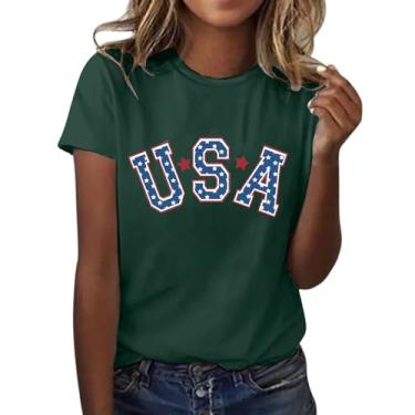 Imagem de Camisetas femininas de manga curta com bandeira americana e gola redonda 4 de julho, Verde, P