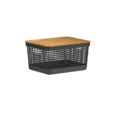Imagem de Cesto Grid Com Tampa De Bambu 20 Litros Preto Fechado