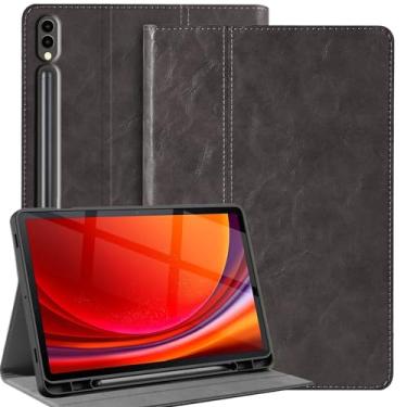 Imagem de Gexmil Capa de couro genuíno para Samsung Galaxy Tab S8 Ultra de 14,6 polegadas com suporte para lápis, capa protetora à prova de choque ajustável inteligente premium flip para tablet, cinza