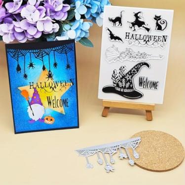 Imagem de Alinacutle 1 peça de corte de metal de teia de aranha e 1 peça de carimbos transparentes de bruxas de Halloween para artesanato em papel feito à mão cartões comemorativos scrapbooking e artes de álbum