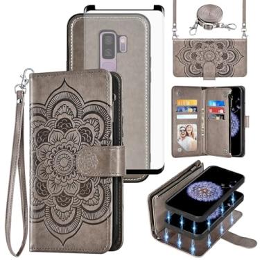 Imagem de Asuwish Capa de celular para Samsung Galaxy S9 Plus carteira com zíper destacável com protetor de tela de vidro temperado, alça transversal, porta-cartões de flores S9+ 9S 9+ S 9 9plus S9plus mulheres