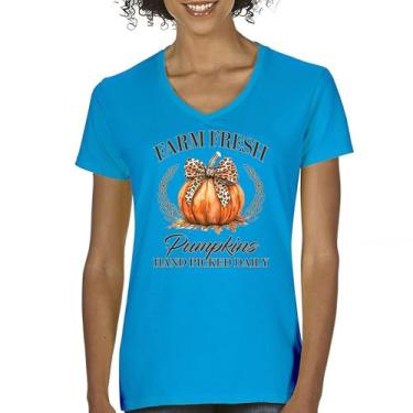 Imagem de Camiseta feminina gola V Farm Fresh Pumpkins outono aconchegante estação do labirinto de milho festival dia de ação de graças peru outono linda camiseta, Turquesa, G