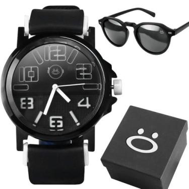 Imagem de relogio masculino preto aço inoxidável + oculos sol + caixa acetato or
