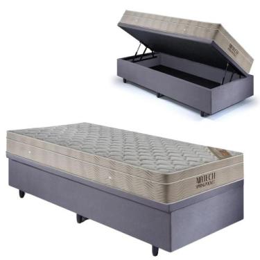 Imagem de Base Box Baú 96x203 Suede Cinza com Colchão Airtech Ortobom Molas Ensa