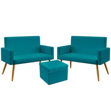 Imagem de Kit 2 Poltronas Namoradeira Nina e Puff Quasar Sued Azul Turquesa Arad
