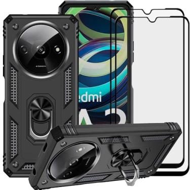 Imagem de LosruGir Capa para Xiaomi Redmi A3 com protetor de tela de vidro [2 unidades], capa protetora protetora protetora híbrida resistente de camada dupla antiarranhões à prova de choque, preta