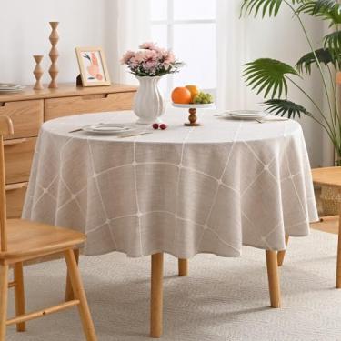 Imagem de Toalha de mesa redonda xadrez bordada, tecido de linho de algodão resistente, resistente a vincos, capa de mesa redonda para decoração de casa, cozinha, jantar, festa, redonda, 192 cm, bege