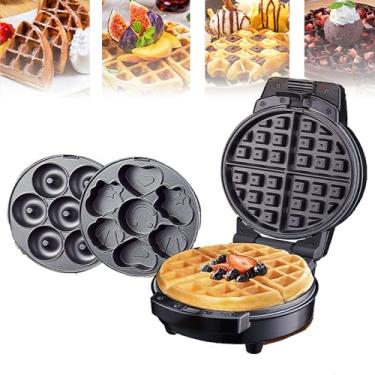 Imagem de Mini máquina de café da manhã 3 em 1 com pratos removíveis, um conjunto de mini máquina de donuts, mini máquina de waffle em formato de coração e pequena máquina de waffle, para ovos
