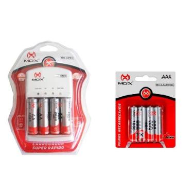 Imagem de Kit Carregador de Pilhas e Bateria 9v Mox Automático Mais 8 Pilhas AA/