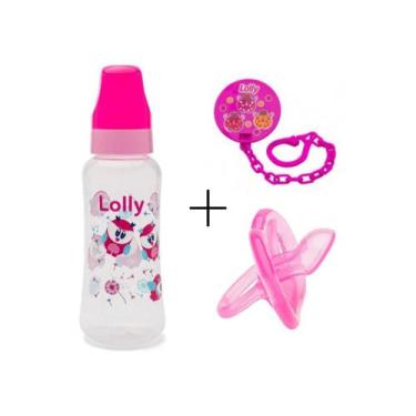 Imagem de Kit Lolly Mamadeira + Prendedor + Chupeta 100% Silicone Cor Rosa