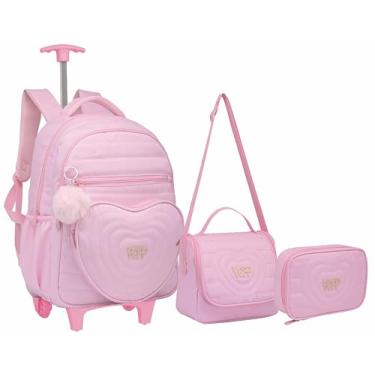 Imagem de Kit Mochila Feminina De Rodinha Coração Juvenil Escolar Com Chaveiro (ROSA)