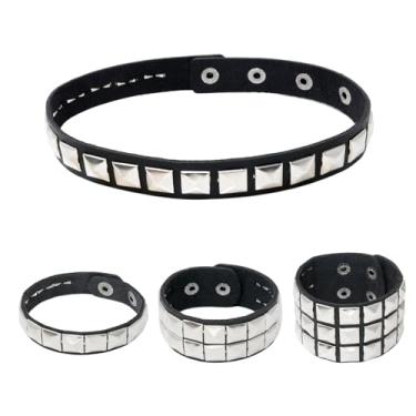 Imagem de Honbay 3 peças, pulseira de couro preto dos anos 80 com rebite de pirâmide gótica, punk rock, motociclista, pulseira, pulseira, botão de pressão, pulseira de metal e 1 colar gargantilha cravejado de